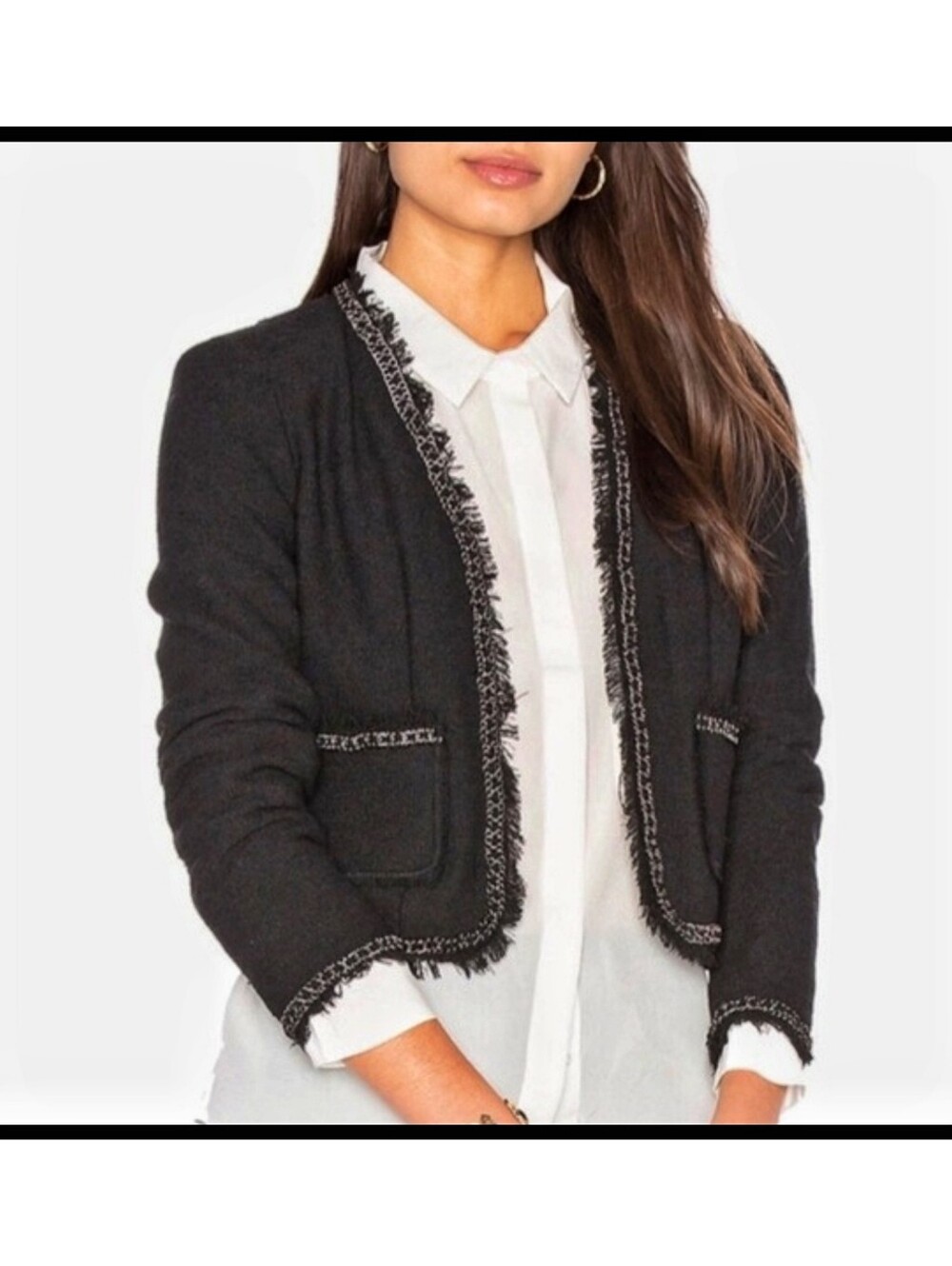 Rebecca Taylor Boucle Jacket Open Metal Chain Fray Trim Edging Black Size 8